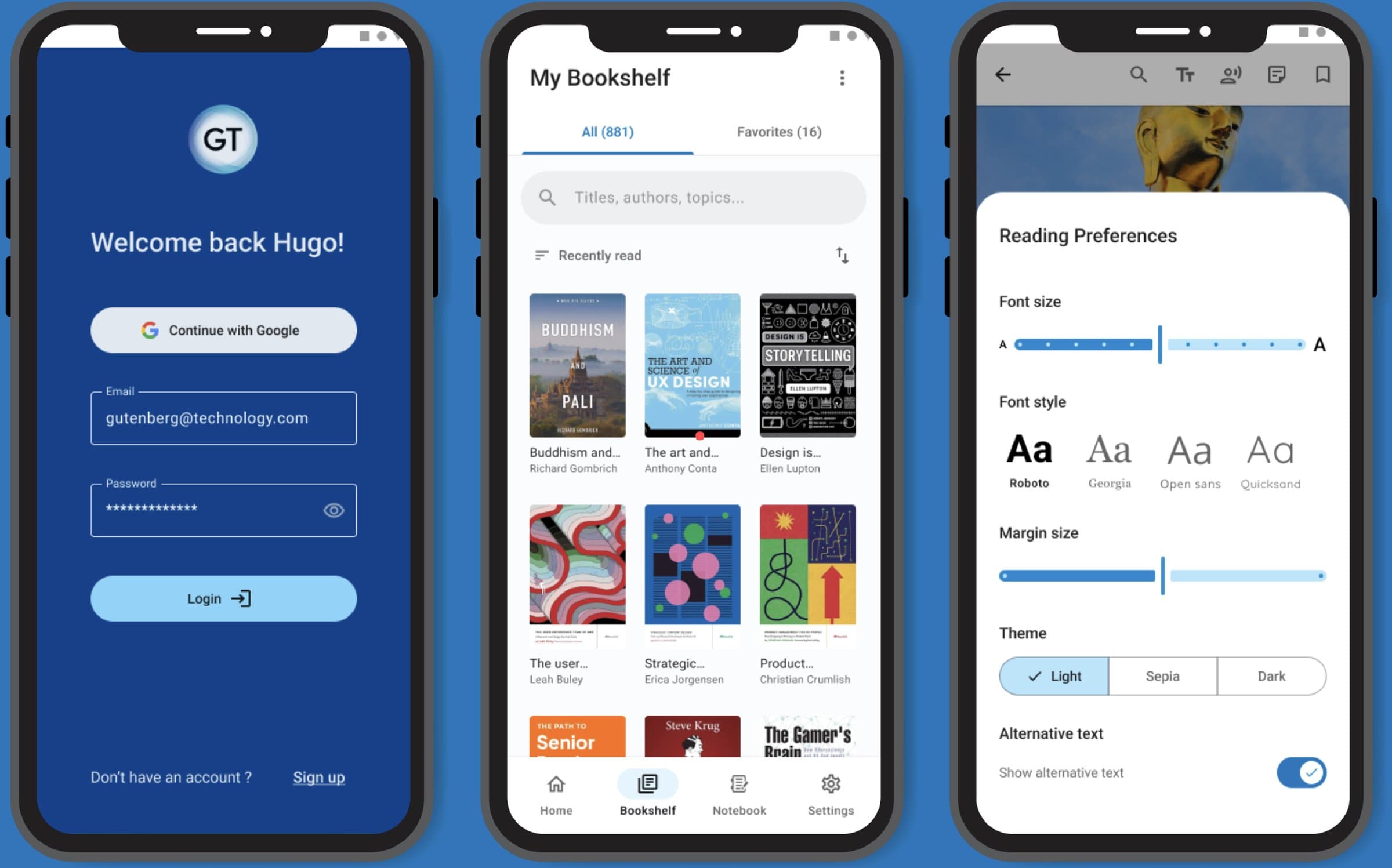 Écrans de connexion, bibliothèque et préférences de lecture
