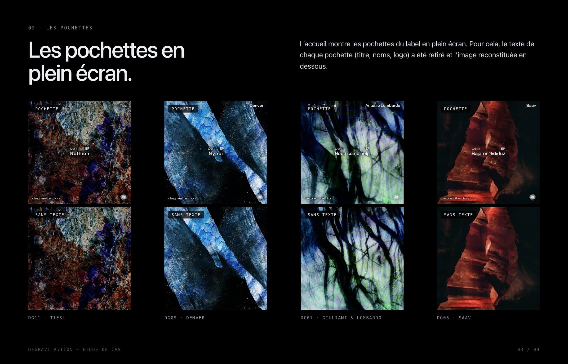 Les pochettes du label en plein écran, texte retiré et image reconstituée