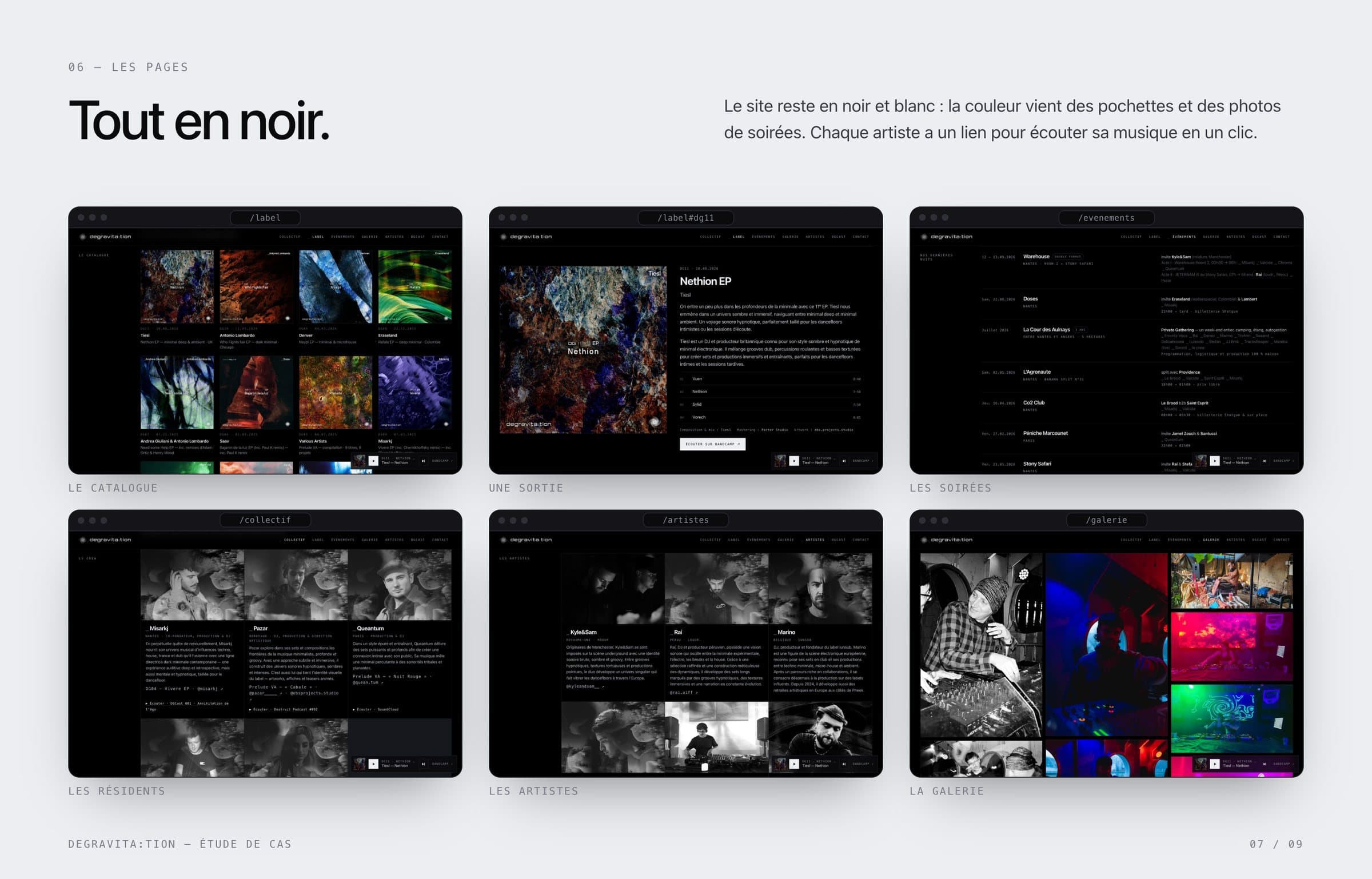 Les pages : tout en noir, la couleur vient des pochettes et des photos