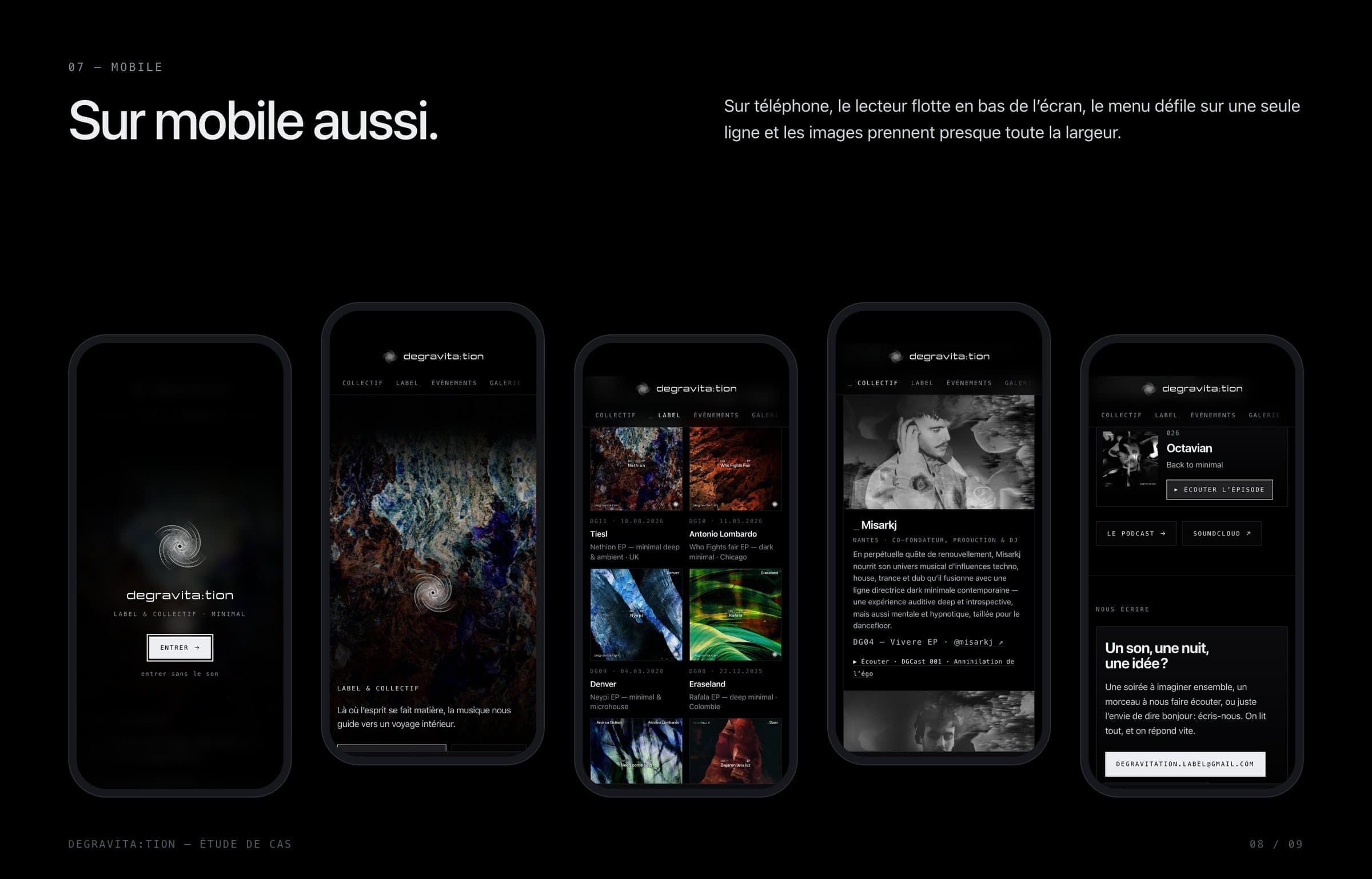 Sur mobile : le lecteur flotte en bas, le menu défile sur une ligne
