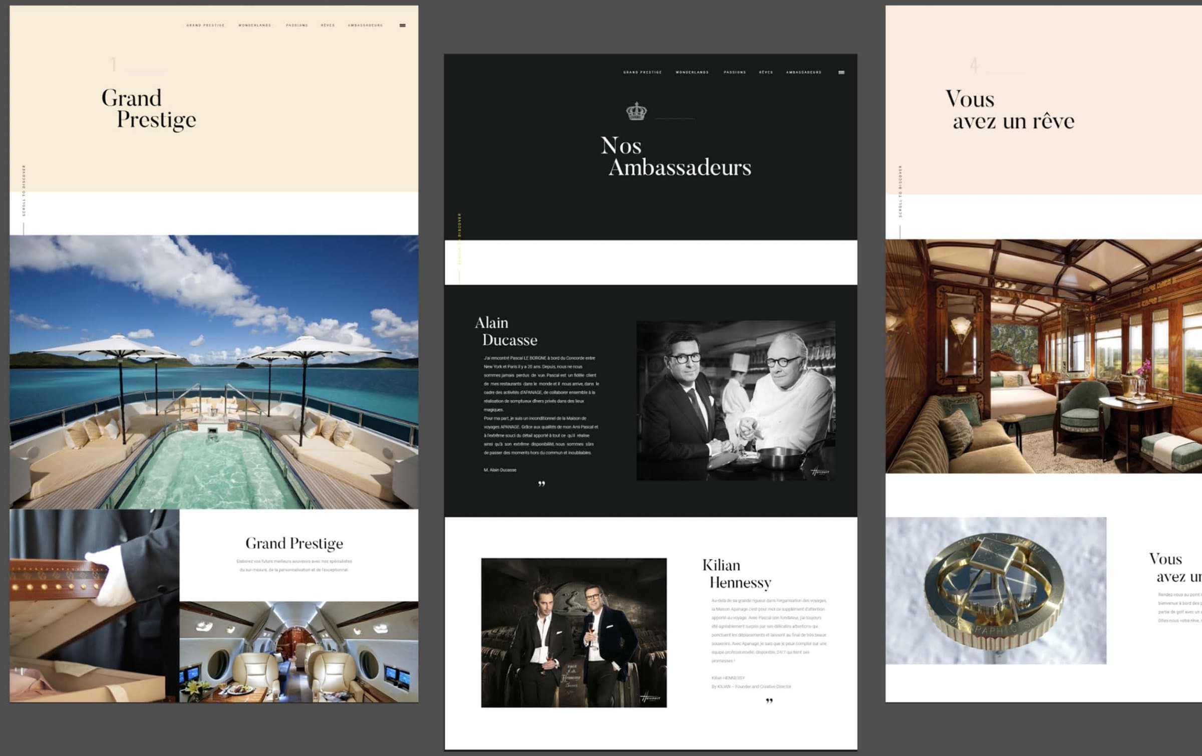 Pages Grand Prestige, Ambassadeurs et Rêves du site Maison Apanage