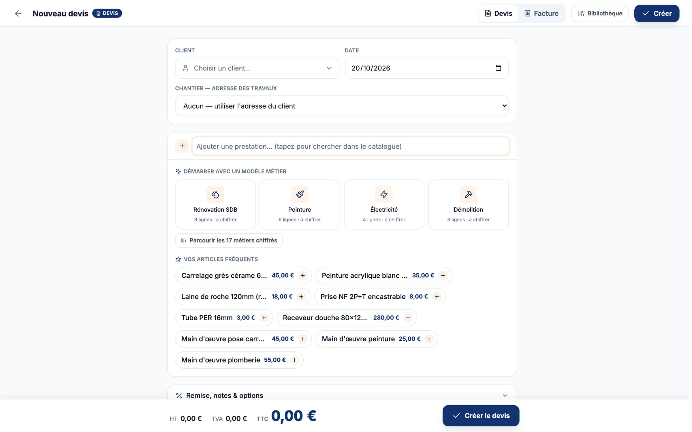 Un nouveau devis, à partir d’un modèle métier ou des articles fréquents