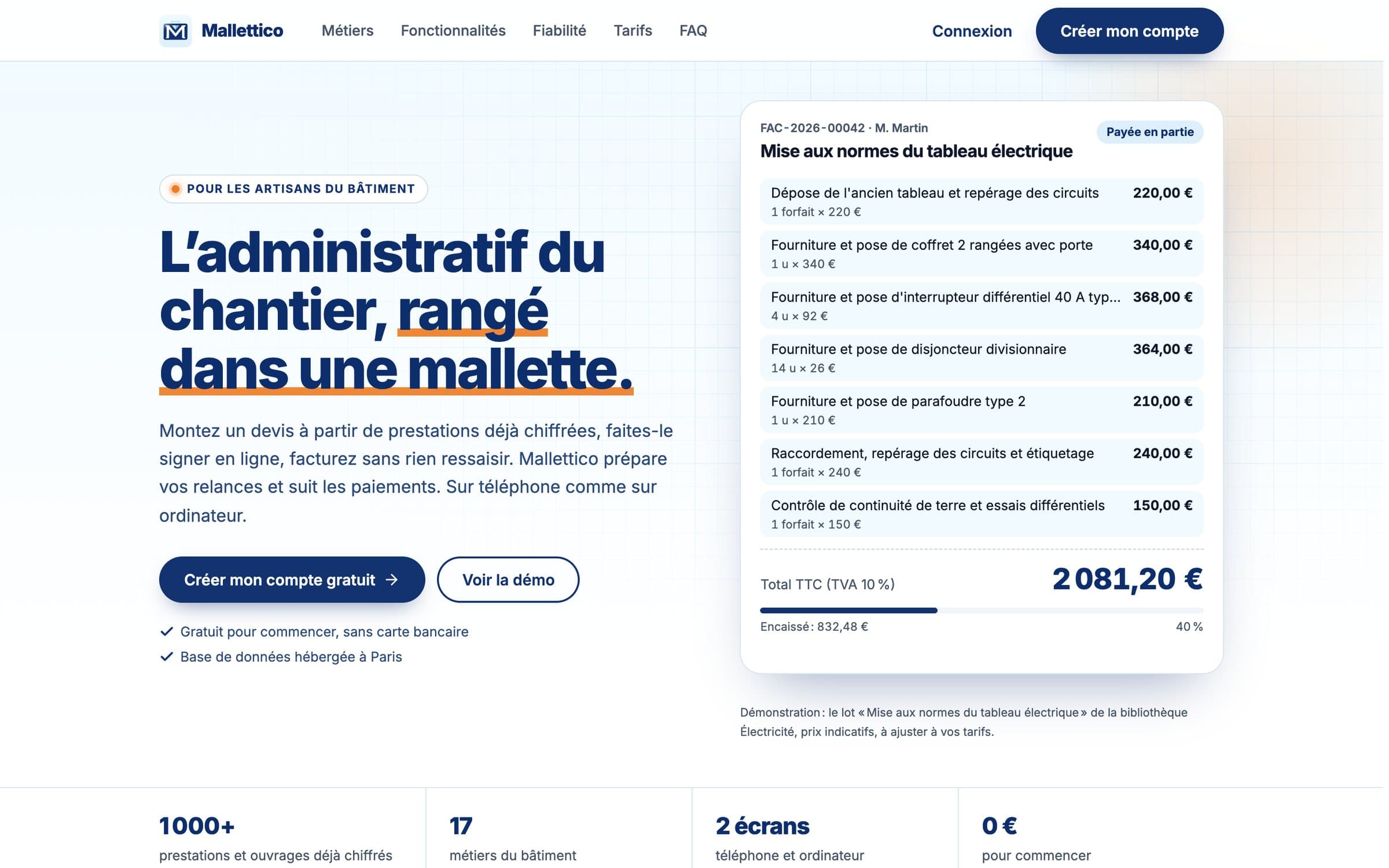Le site mallettico.fr : un devis vivant se remplit, se signe, devient une facture, puis se solde