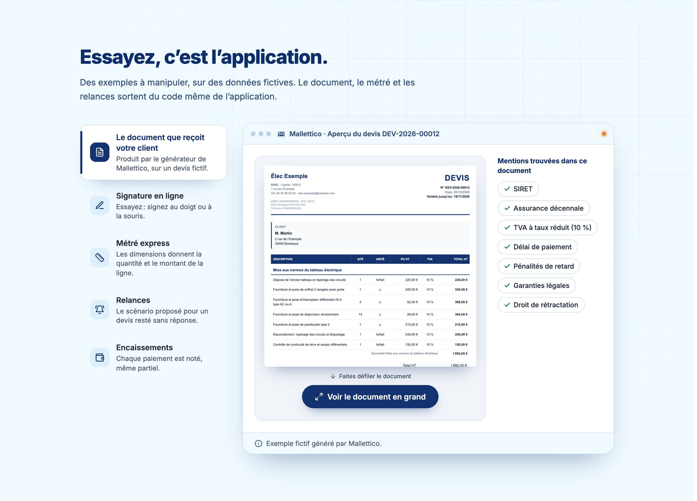 « Essayez, c’est l’application » : le document que reçoit le client, tourné avec le vrai code