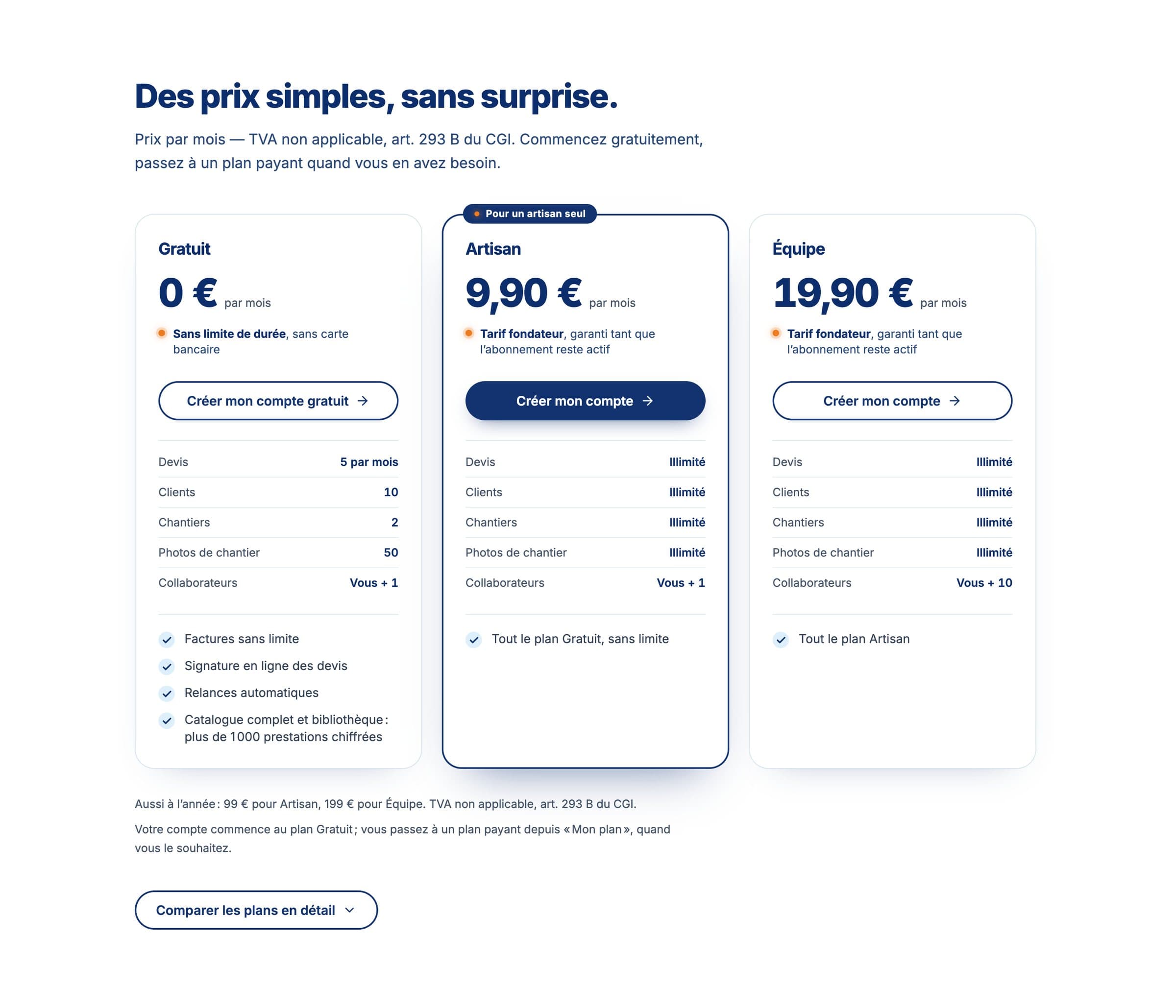 Les trois plans, de 0 € à 19,90 € par mois, lus dans le code de l’application