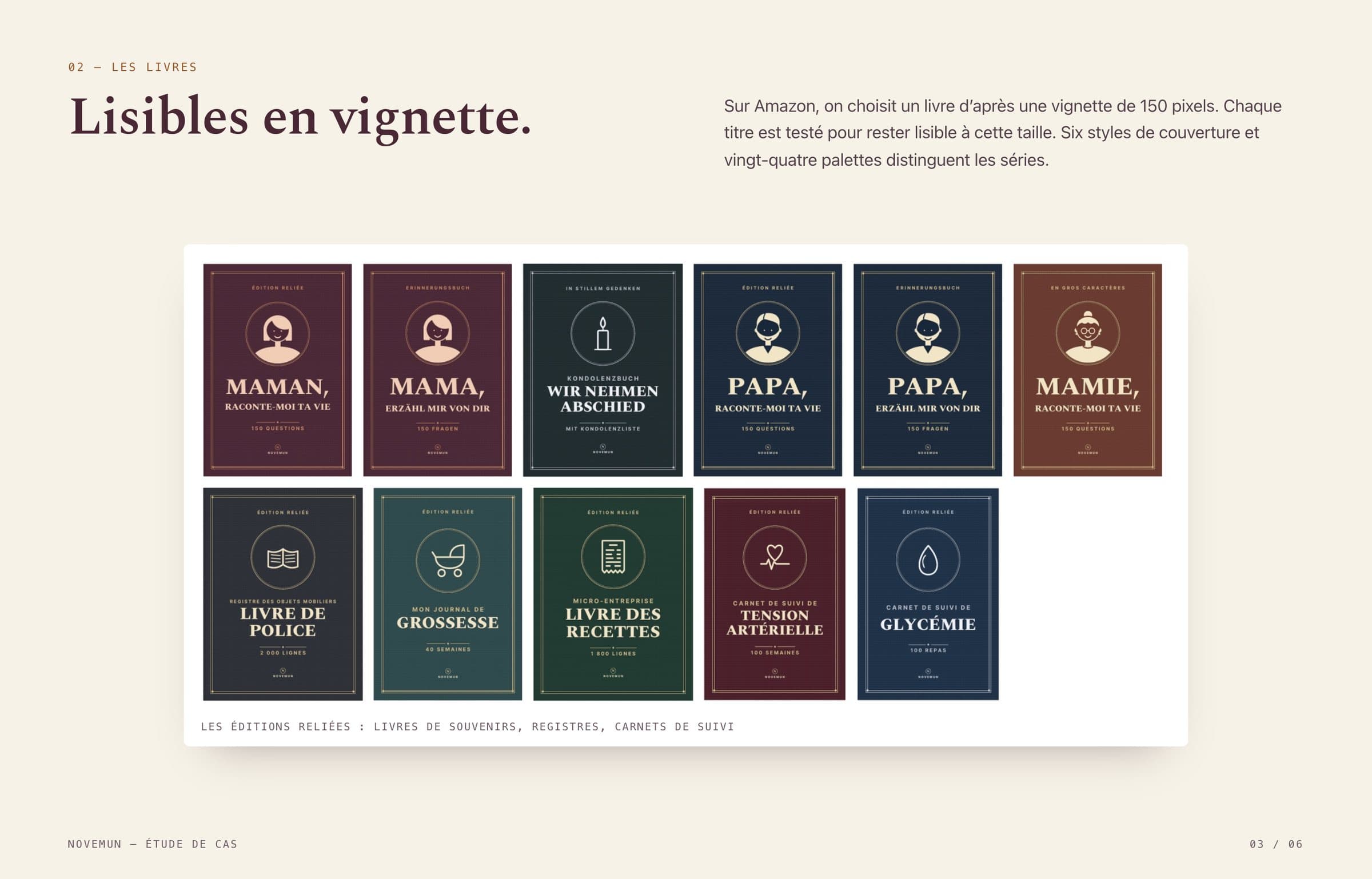 Les livres : lisibles en vignette, six styles de couverture et vingt-quatre palettes