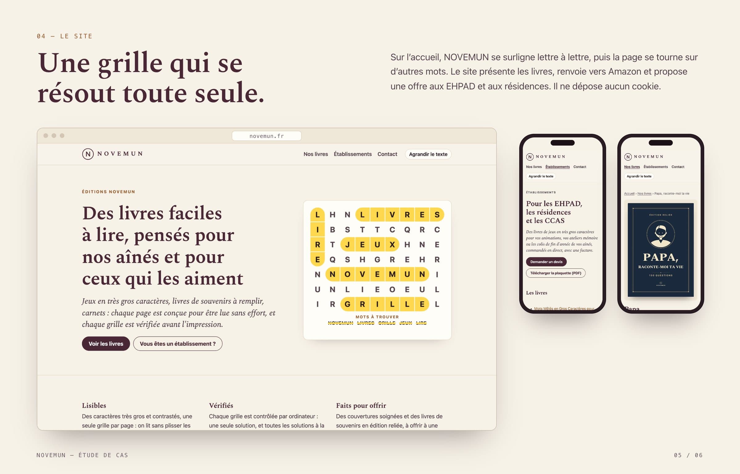 Le site : une grille de mots mêlés qui se résout toute seule sur l’accueil