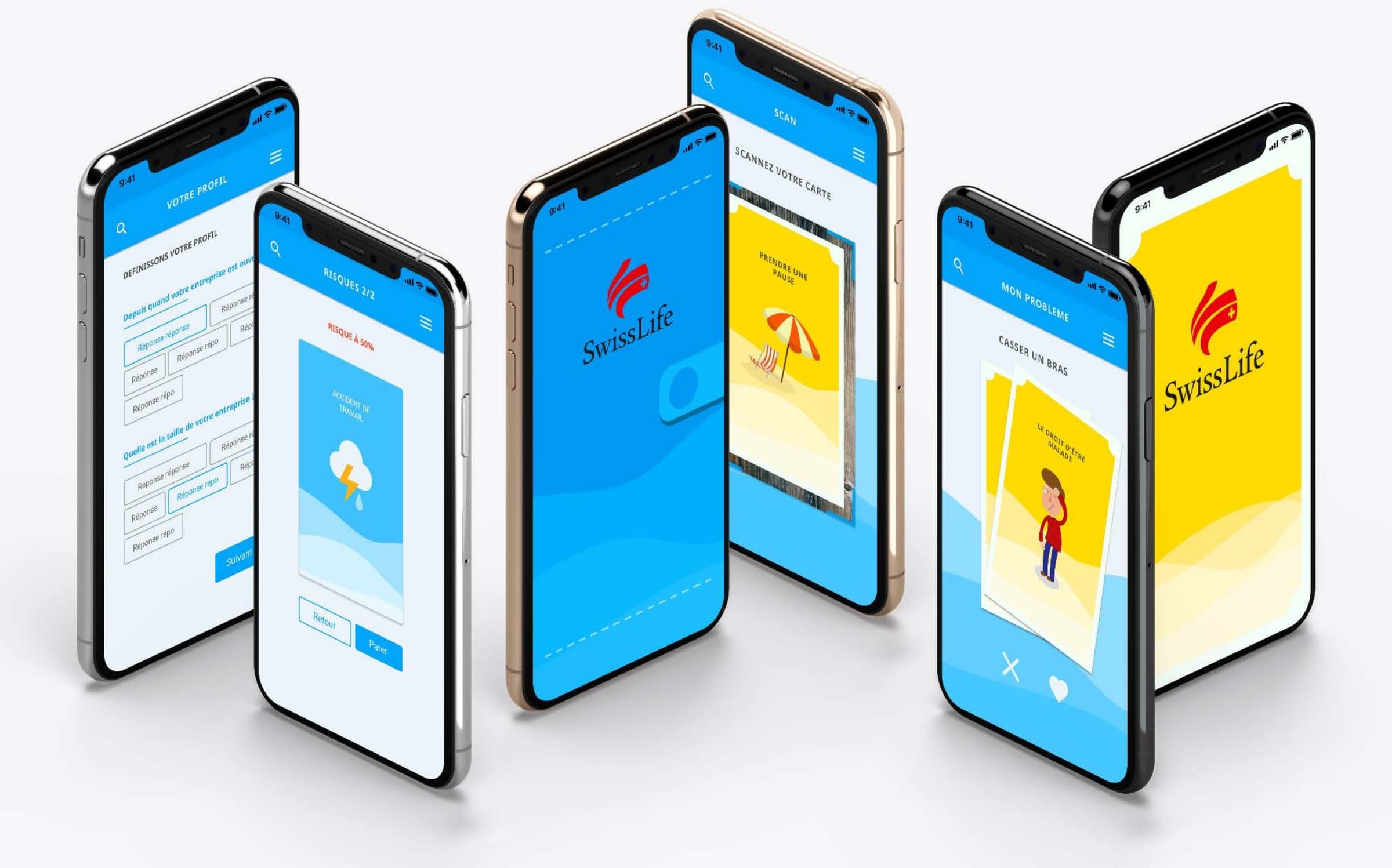 Écrans de l’application Swiss Life : profil, risques, conseils
