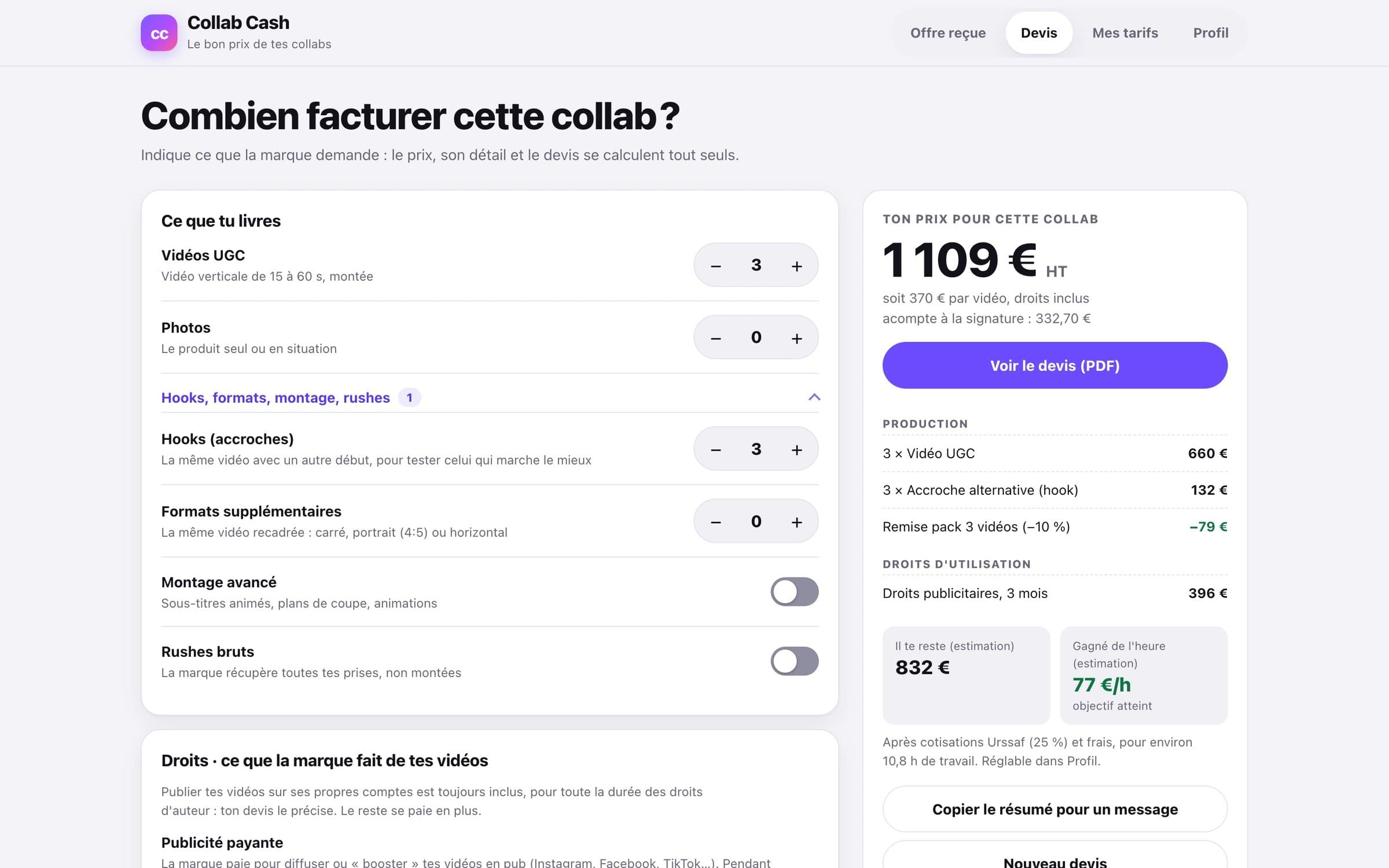 Le devis PDF généré par Ton Cachet