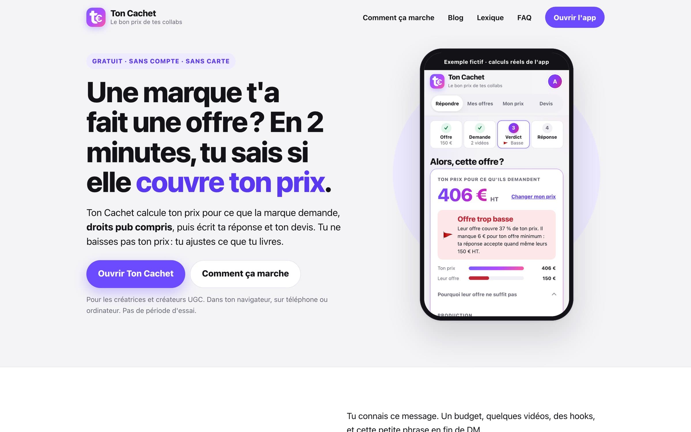 L’accueil de toncachet.fr : gratuit, sans compte, sans carte
