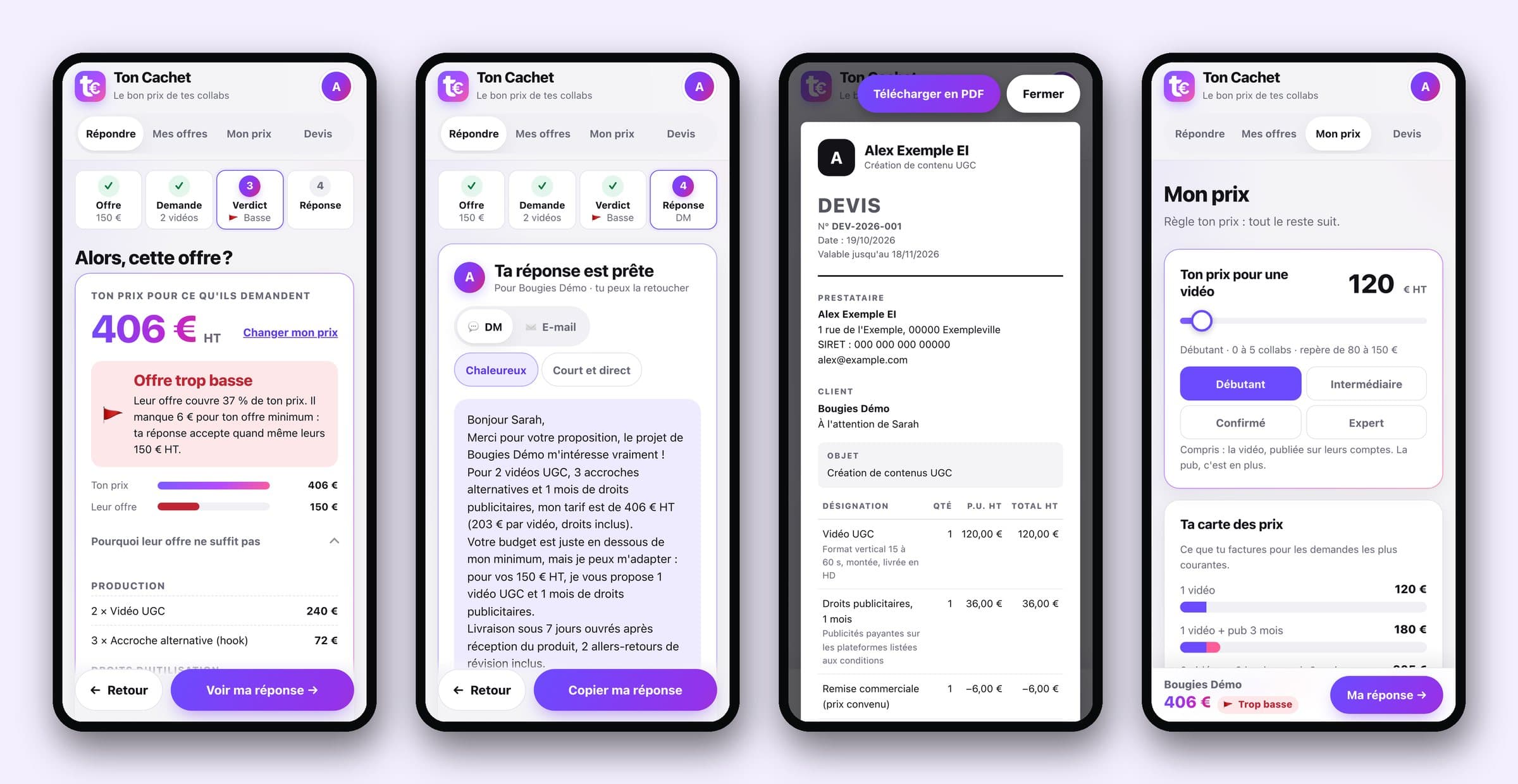 Sur téléphone : le verdict, la réponse à la marque, le devis, l’onglet « Mon prix »