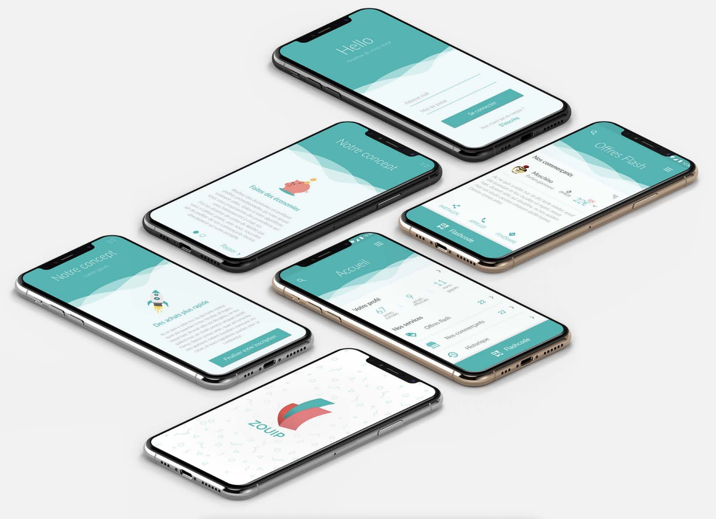 Écrans de l’application Zouïp : concept, accueil, offres flash